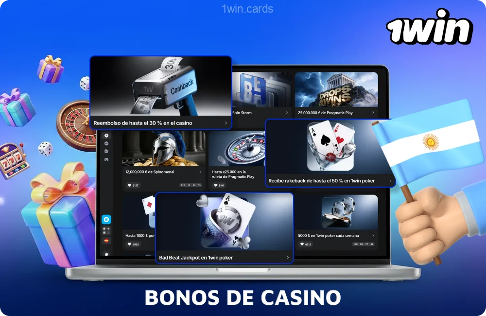 Los bonos del casino 1win incluyen hasta un 500 % sobre los depósitos, giros gratis y reembolsos para los jugadores de Argentina